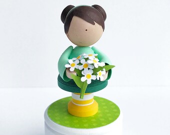 Girl with Daisy Bouquet and little treasure box MADE TO ORDER choose your own colors