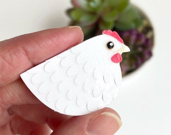 Little white chicken magnet handmade from cut paper, white leghorn chicken gift