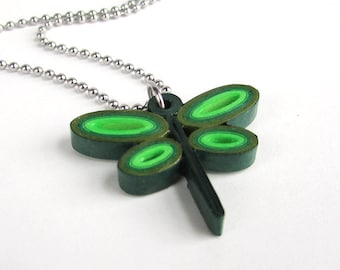 Paper Quilled dragonfly pendant necklace in green, stainless steel chain, cute gift for her, gifts for friend, dragonfly gifts