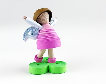 Tiny joyful fairy figurine made from paper, quilled fairy figurine, happy art, a gift to wow