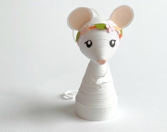 Little mouse ornament, white mouse ornament, woodland nursery, quilled paper art figurine, animal ornament