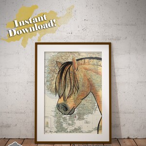 May include: A digital painting of a brown horse's head with a long mane, set against a vintage map background. The horse's head is facing to the left, and the map shows a portion of the world.