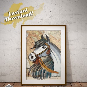 Printable Wall Art, Horse Art, Horse Print, White Arabian Horse, Beautiful Horse Art, Digital Download Wall Art