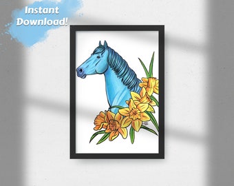 Printable Wall Art, Horse Art, Horse Print, Aquamarine Horse and Yellow Daffodils, Digital Download Wall Art