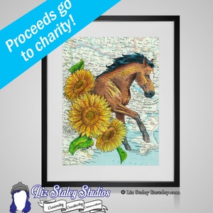 Charity Ukrainian Riding Horse and Sunflowers on Ukrainian Map Matted Art Print