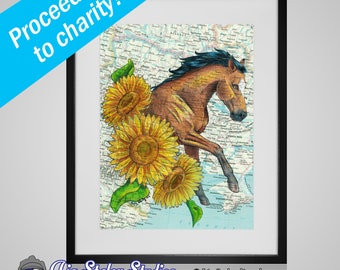 Charity Ukrainian Riding Horse and Sunflowers on Ukrainian Map Matted Art Print
