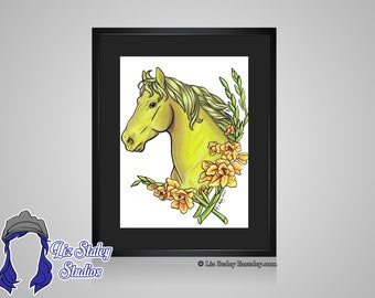 Equestrian Wall Art, August Birthday, Peridot with Gladiolus Flower, Matted Print Horse Art