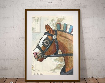 Equestrian Wall Art, Clydesdale Horse Portrait, Matted Original Horse Art, Vintage World Map