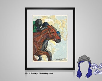 Equestrian Wall Art, Thoroughbred Horses, Vintage World Map, Horse Art Print