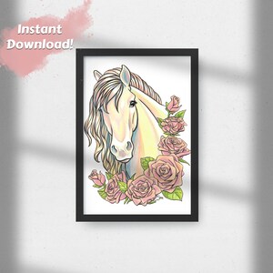 Printable Wall Art, Horse Art, Horse Print, Pastel Yellow Horse, Pink Roses, Digital Download Wall Art