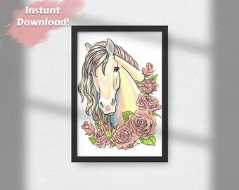 Printable Wall Art, Horse Art, Horse Print, Pastel Yellow Horse, Pink Roses, Digital Download Wall Art