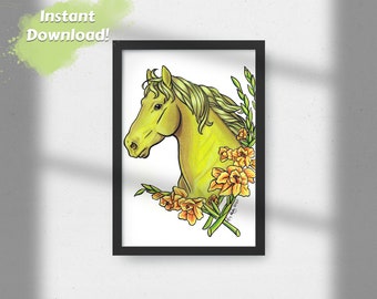 Printable Wall Art, Horse Art, Horse Print, Green Horse with Orange Gladiolus Flowers, Digital Download Wall Art