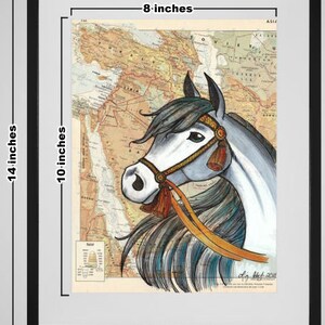 May include: A white horse with a blue and orange mane and a red and gold bridle, painted on a vintage map of Asia. The horse's head is turned to the left, and its eyes are closed. The map is in shades of brown, green, and yellow.