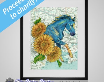 LIMITED EDITION Charity Ukraine Flag Horse and Sunflowers on Ukrainian Map Matted Art Print