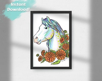 Printable Wall Art, Horse Art, Horse Print, Opal Horse with Orange Calendula Flowers, Digital Download Wall Art