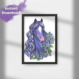 Printable Wall Art, Horse Art, Horse Print, Purple Horse, Violet Flowers, Digital Download Wall Art