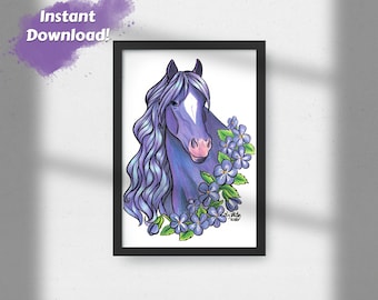 Art mural imprimable, art de cheval, impression de cheval, cheval pourpre, fleurs violettes, téléchargement numérique art mural