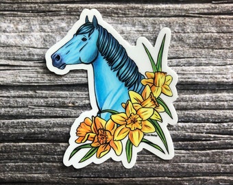 3 Inch Horse Vinyl Sticker - Aquamarine Horse with Yellow Daffodils