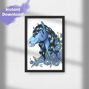 Printable Wall Art, Horse Art, Horse Print, Blue Horse, Morning Glory Flowers, Digital Download Wall Art