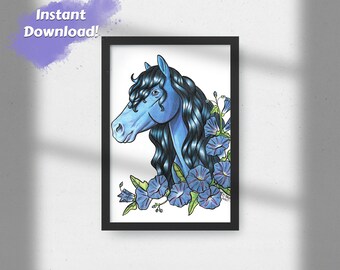 Printable Wall Art, Horse Art, Horse Print, Blue Horse, Morning Glory Flowers, Digital Download Wall Art