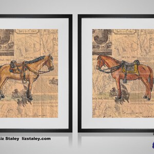 May include: Two framed illustrations of horses with saddles, set against a backdrop of vintage newspaper clippings. The horses are depicted in a brown and tan color scheme, with the text "July 1st, 1865" and "July 2nd, 1865" visible in the background.