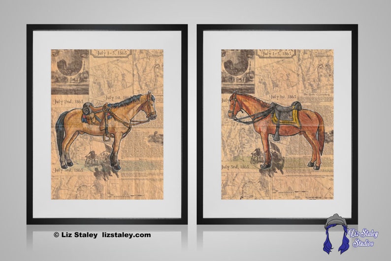 May include: Two framed illustrations of horses with saddles, set against a backdrop of vintage newspaper clippings. The horses are depicted in a brown and tan color scheme, with the text "July 1st, 1865" and "July 2nd, 1865" visible in the background.