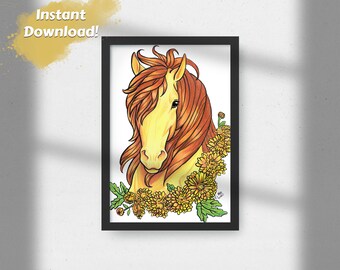 Printable Wall Art, Horse Art, Horse Print, Golden Horse with Yellow Chrysanthemum Flowers, Digital Download Wall Art