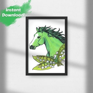 Printable Wall Art, Horse Art, Horse Print, Emerald Green Horse, Lily of the Valley, Digital Download Wall Art