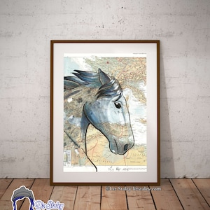 Equestrian Wall Art, Gray Dapple Percheron Horse, Matted Original Horse Art, Vintage World Map