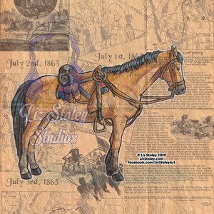 May include: A watercolor painting of a brown horse with a blue mane and tail, wearing a saddle and bridle. The horse is standing on a background of old maps and text about the Battle of Gettysburg, July 1-3, 1863. The text includes the dates "July 1st, 186", "July 2nd, 1863", and "July 3rd, 1863". The painting is signed "Liz Staley Studios".