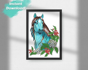 Printable Wall Art, Horse Art, Horse Print, Turquoise Horse with Holly, Digital Download Wall Art