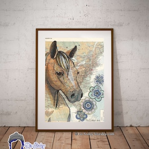 Equestrian Wall Art, Palomino Quarter Horse Love, Matted Original Horse Art, carte du monde vintage
