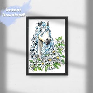 Printable Wall Art, Horse Art, Horse Print, White Horse and White Daisies, Digital Download Wall Art