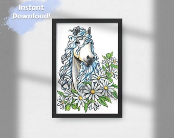 Printable Wall Art, Horse Art, Horse Print, White Horse and White Daisies, Digital Download Wall Art