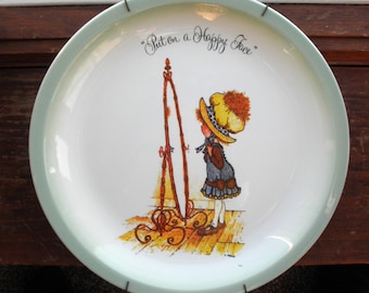 Vintage Holly Hobbie Wall Art Plate / Hostess Platter Eco Gift, Put On A Happy Face Country Girl in Bonnet 1970s Home Decor Decorative Plate