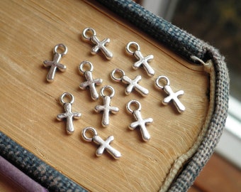 Silver Cross Charm Lot of 10 or 25 - Mini Tibetan Silver Crosses For Earrings / Necklaces / Jewelry Making Supply / Tiny Religious Charms