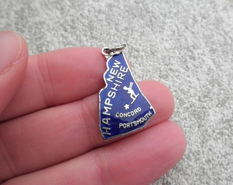 Vintage New Hampshire Souvenir Charm, State of NH Concord / Portsmouth / Skiing Love Blue Enamel + Silver Charm Necklace / Bracelet Eco Gift