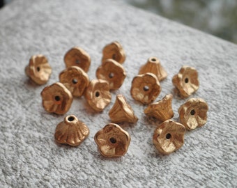 Gold Glass Flowers - 16 Brushed Brass Golden Tone Czech Glass Floral Beads - Metallic Gold Opaque Flowers Beading / Jewelry / Craft Supply