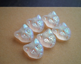 Glass Cat Beads - 6 Frosted White / Fire Polished Cat Face / Cat Head Bead - Pressed Czech Glass Beading / Craft / Animal Jewelry Supply