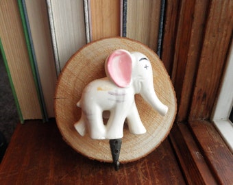 Elephant Wall Hook - Vintage Ceramic Circus Elephant + Natural Wooden Base Wall Hook / Retro Home Décor / Eco Gift - Coat / Jewelry Hook