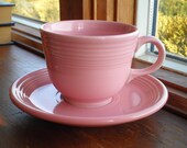 Vintage Fiesta Ware Pink Rose Cup Saucer Set - Retired Fiestaware Tea Cups USA Made 1938-1960, Retro Mug Hostess Wedding Birthday Gift