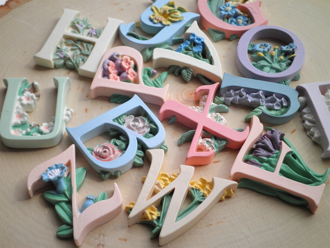 Vintage Letter Cabochon 1980s Floral Initial Resin Flat Back Embellishment / Jewelry Supply ...