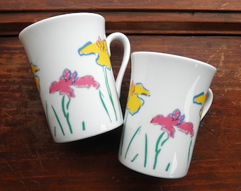 Vintage 1980s Flower Coffee Mug / Cup Set - Retro 80s Wildflowers / Flower Garden Dayton Hudson Tea Cups - 1987 Minimal Floral Mugs Eco Gift