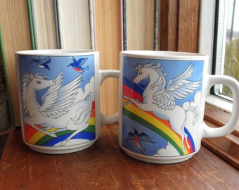 Vintage Pegasus Coffee Mugs - 1980s Ceramic Tea Cups - Pegasus Mug Set Eco Gift - Collectible Flying Horse Pegasus Unicorn Rainbow & Birds