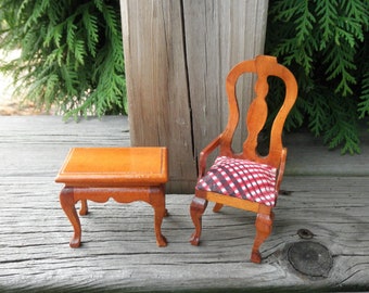 Vintage Doll House Chair & Table Set - Miniature Wood Chair + Side Table, Mini Wooden Doll House Living Room Furniture / Home Decor Eco Gift