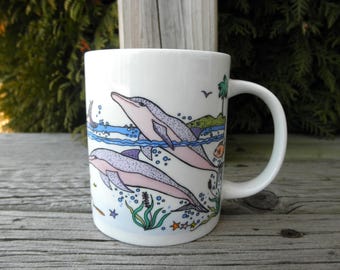 Vintage 90s Dolphin Ceramic Mug – Tropical Ocean Coastal Design