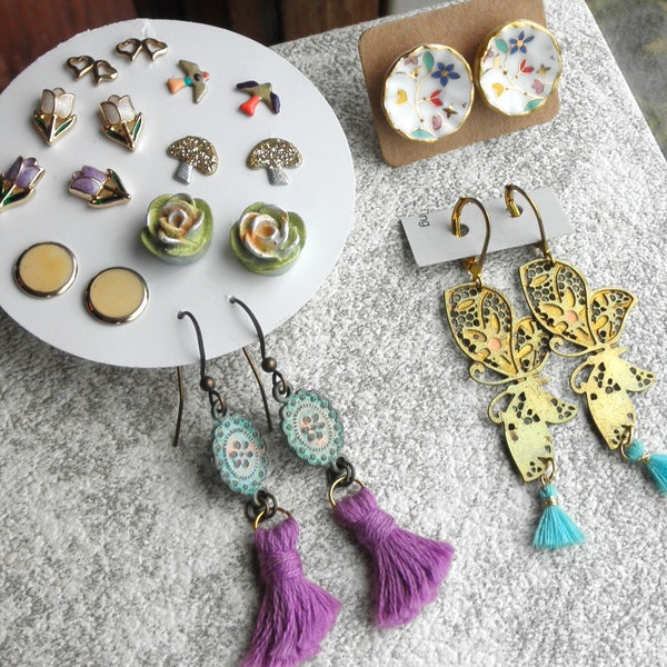 Vintage Earrings Mixed Lot - 10 1980s to Now Stud & Dangle Earrings - Retro 80s Post Earrings Jewelry Lot Eco Gift - Painted Flowers + Birds