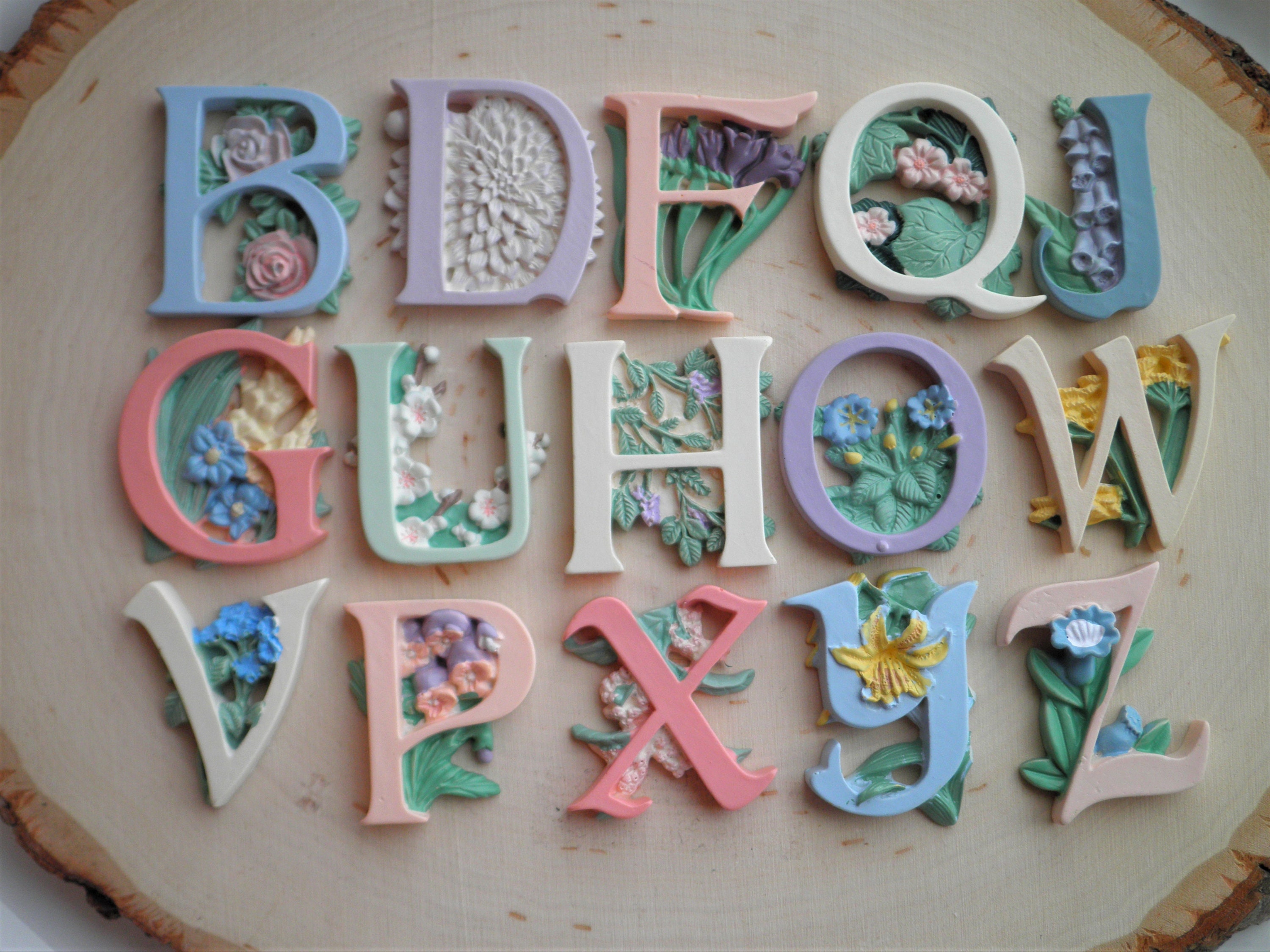 Vintage Letter Cabochon 1980s Floral Initial Resin Flat Back Embellishment / Jewelry Supply ...