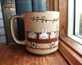 Vintage Stoneware Animal Train Mug - Zoo Animals Tea Cup / Coffee Mug - 1970s Earth Tone Mug Eco Gift for Birthday / Housewarming