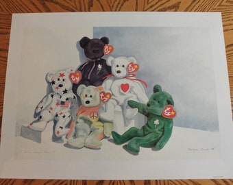 Beanie Babies Art Print, Vintage 1998 Beanie Baby Wall Art Print, Collectable TY Beanie Baby Bears Princess Diana Valentino Glory Erin Peace